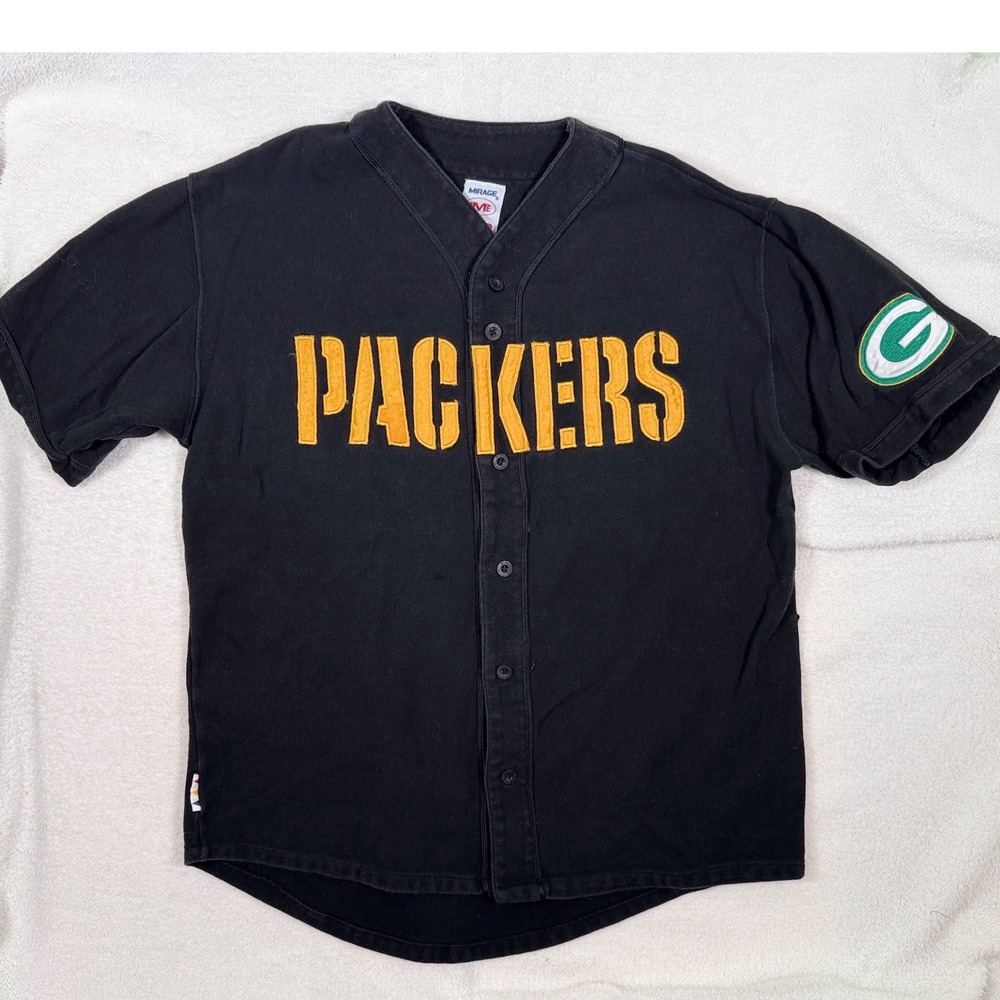 Vintage 90s Mirage Team NFL Green Bay Packers Baseball Jersey Black Mens Large